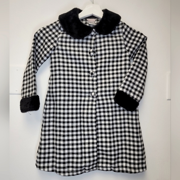 Young Land Knit to Woven Black & White Houndstooth Faux Fur Pea Coat Size 5 - Picture 3 of 14